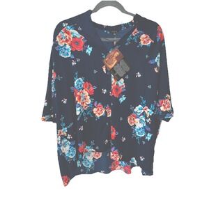NWT Iman Global Chic Navy Floral Print V-Neck Hi-Lo Blouse Plus Size 2X Stretchy